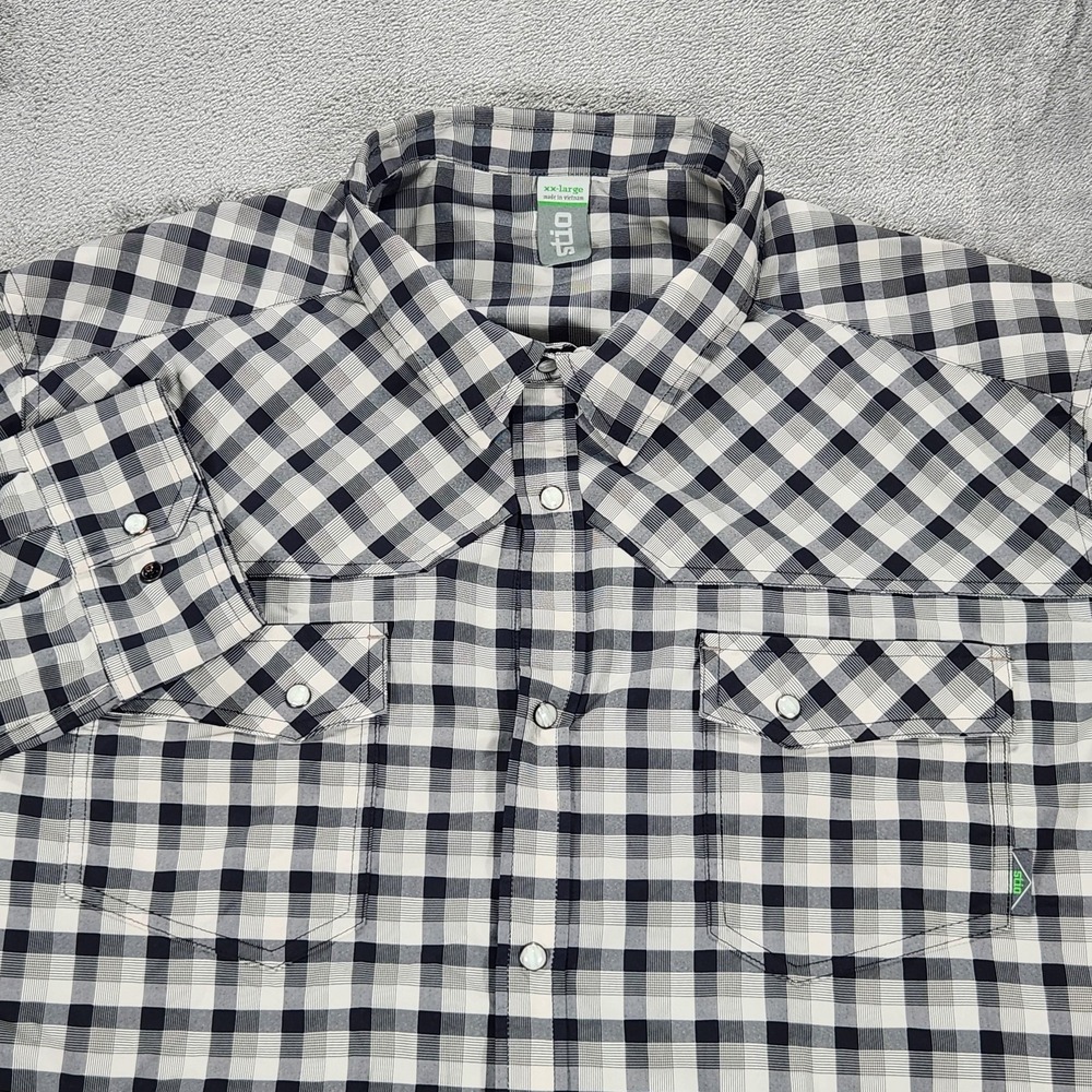 Stio Mens Eddy Western Pearl Snap Shirt 2XL Black White Plaid LS 2209